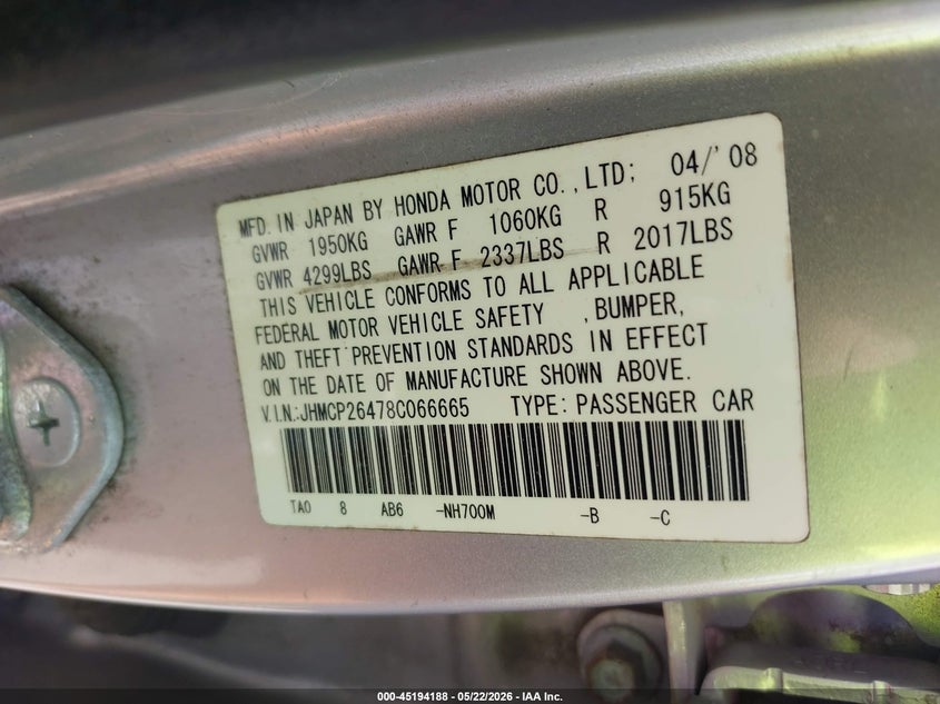 2008 Honda Accord VIN JHMCP26478C066665 IAAI salvage auction — REAR END, Salvage (Louisiana), sold $1,000 on 2026-07-07 (photo 9)