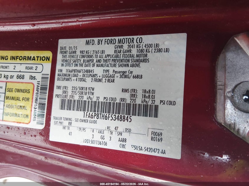 2015 Ford Mustang VIN 1FA6P8TH6F5348845 IAAI salvage auction — FRONT END, Salvage (West Virginia), sold $1,900 on 2026-07-09 (photo 9)