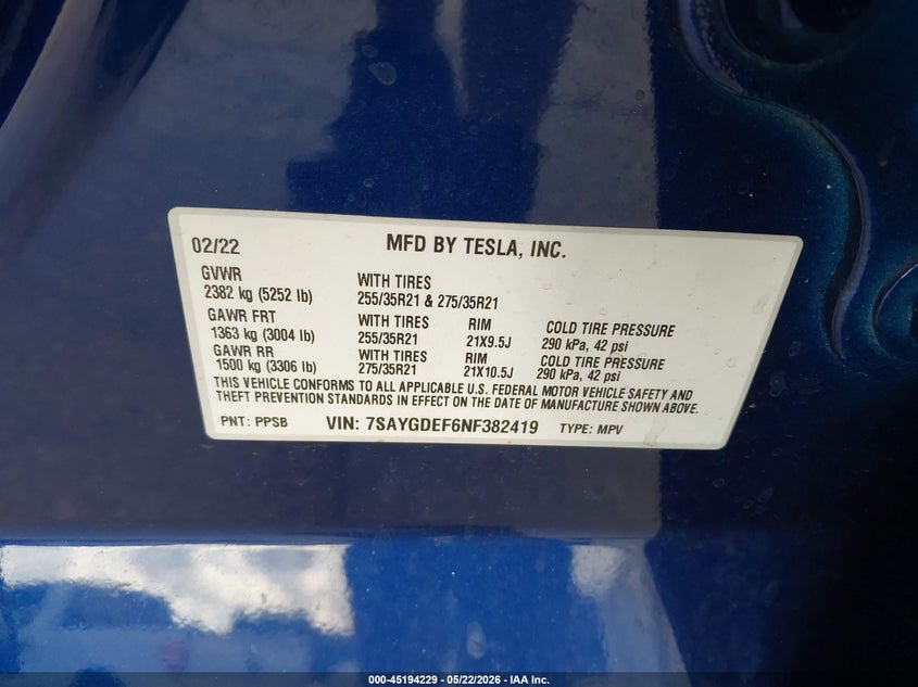 2022 Tesla Model y VIN 7SAYGDEF6NF382419 IAAI salvage auction — REAR END, Rebuildable (Florida), sold $11,950 on 2026-07-09 (photo 9)