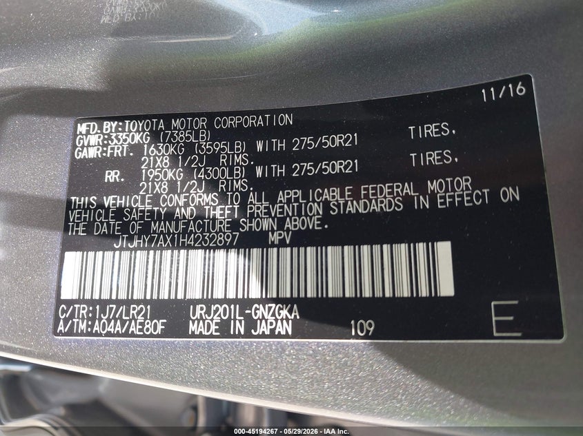 2017 Lexus Lx VIN JTJHY7AX1H4232897 IAAI salvage auction — LEFT FRONT, Salvage Title, sold $25,750 on 2026-07-18 (photo 9)
