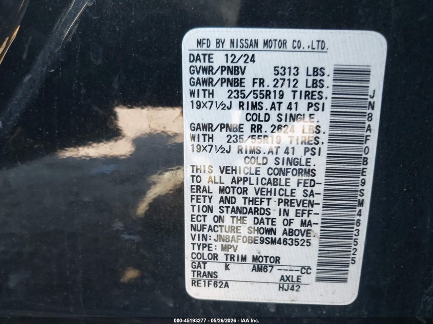 2025 Nissan Ariya VIN JN8AF0BE9SM463525 IAAI salvage auction — LEFT FRONT, Salvage (Massachusetts), sold $6,100 on 2026-07-30 (photo 9)