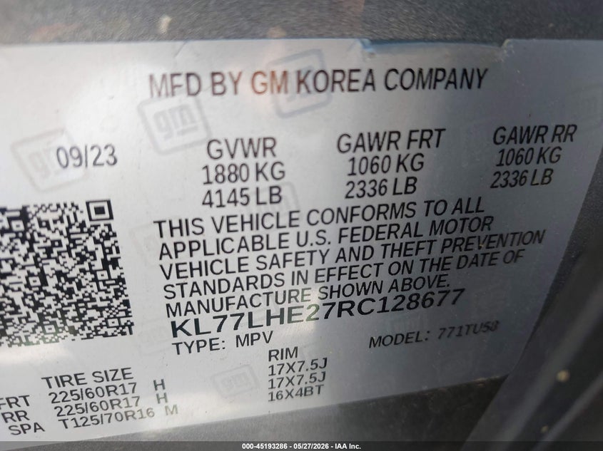 2024 Chevrolet Trax VIN KL77LHE27RC128677 IAAI salvage auction — FRONT END, Salvage Title, sold $6,500 on 2026-07-11 (photo 9)