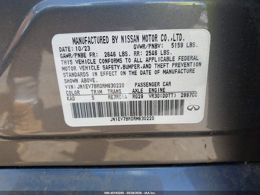 2024 Infiniti Q50 VIN JN1EV7BR0RM630220 IAAI salvage auction — WATER/FLOOD, Mv-907A (New York), sold $4,275 on 2026-07-21 (photo 9)