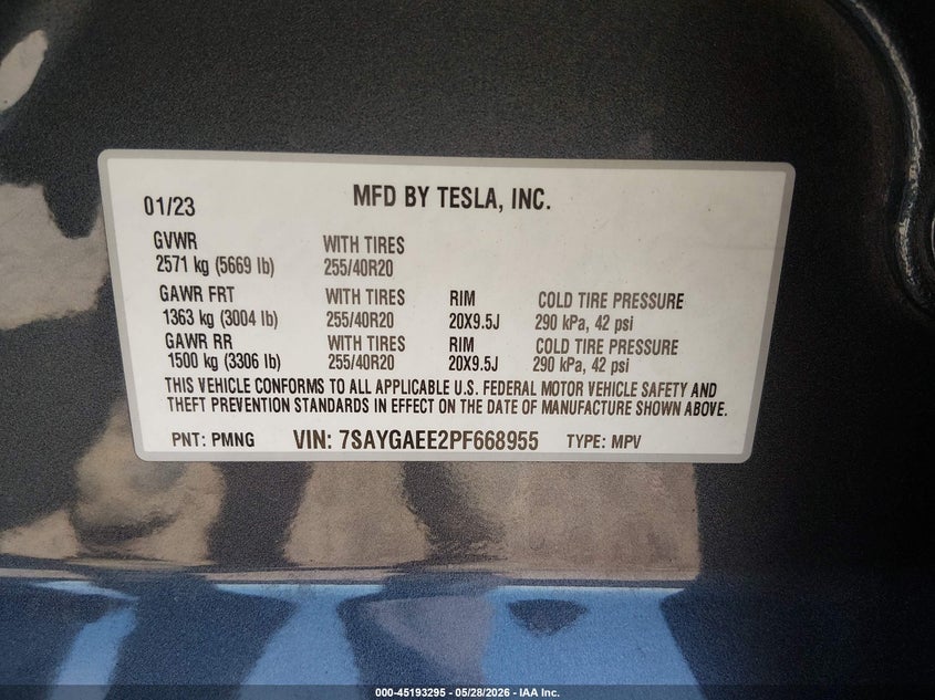 2023 Tesla Model y VIN 7SAYGAEE2PF668955 IAAI salvage auction — FRONT END, Salvage Title, sold $9,200 on 2026-07-11 (photo 9)