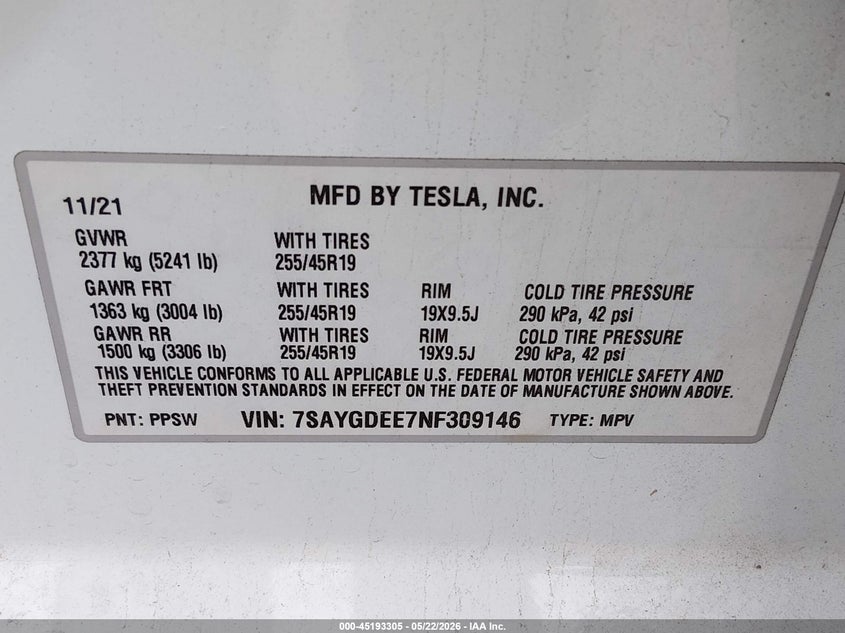 2022 Tesla Model y VIN 7SAYGDEE7NF309146 IAAI salvage auction — LEFT REAR, Salvage (New Jersey), sold $9,650 on 2026-07-16 (photo 9)