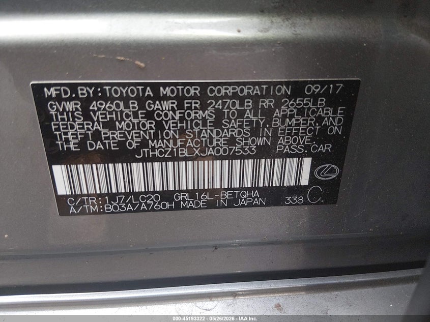2018 Lexus Gs VIN JTHCZ1BLXJA007533 IAAI salvage auction — SIDE, Wait Title, sold $10,500 on 2026-09-04 (photo 9)
