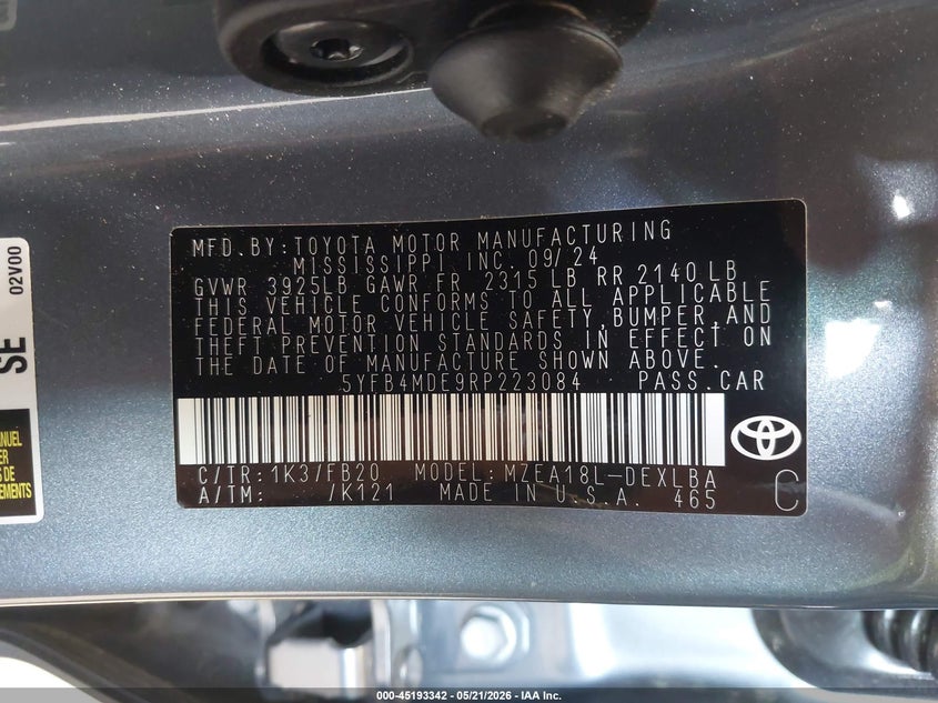 2024 Toyota Corolla VIN 5YFB4MDE9RP223084 IAAI salvage auction — FRONT END, Salvage (North Carolina), sold $4,150 on 2026-07-16 (photo 9)