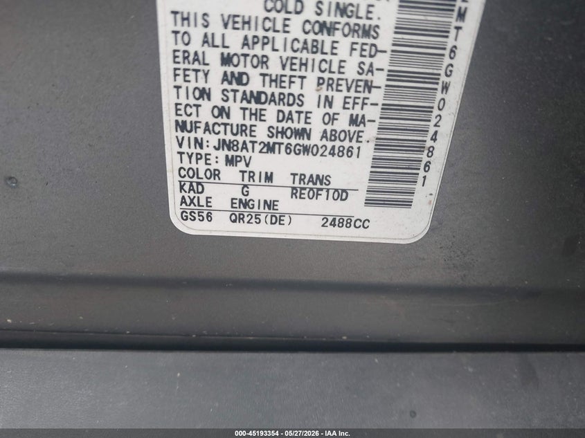 2016 Nissan Rogue VIN JN8AT2MT6GW024861 IAAI salvage auction — FRONT END, Salvage Title, sold $1,125 on 2026-07-07 (photo 9)