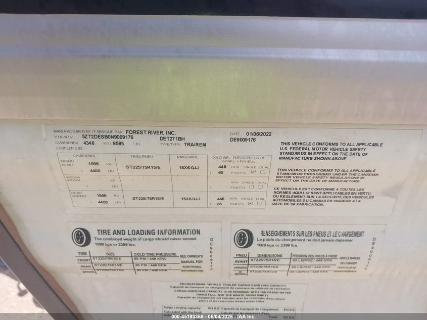 2022 East to west Della terra VIN 5ZT2DESB0N9009176 IAAI salvage auction — HAIL, Original (Texas), sold $3,050 on 2026-07-28 (photo 9)
