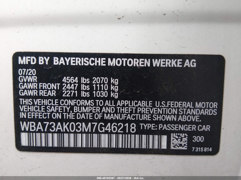 2021 BMW VIN WBA73AK03M7G46218 IAAI salvage auction — REAR END, Salvage (Illinois), sold $7,700 on 2026-08-18 (photo 9)