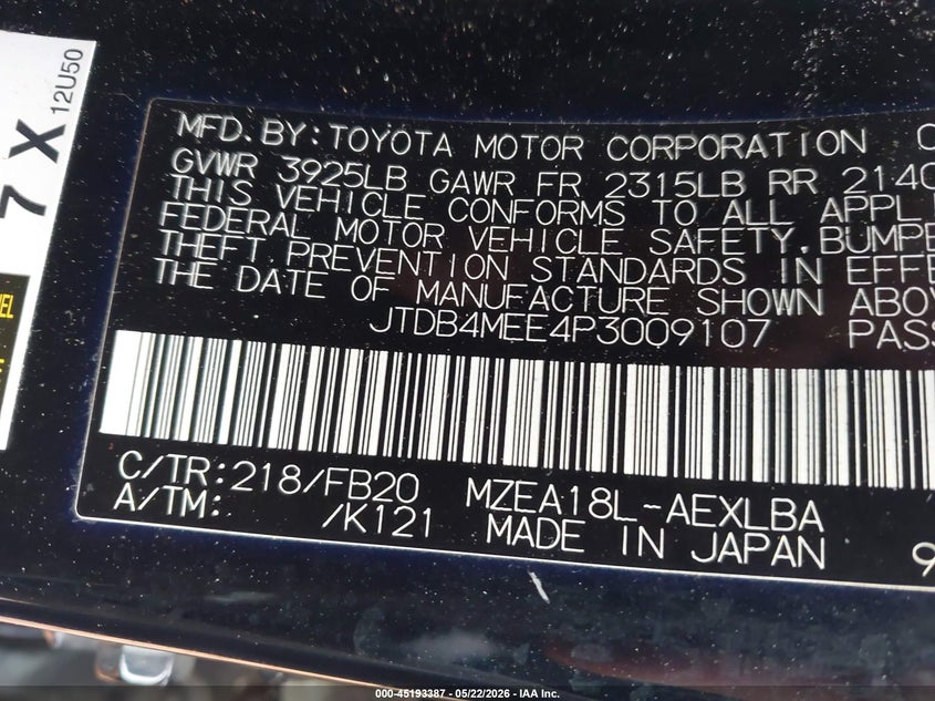 2023 Toyota Corolla VIN JTDB4MEE4P3009107 IAAI salvage auction — REAR END, Salvage (North Carolina), sold $4,825 on 2026-07-27 (photo 9)
