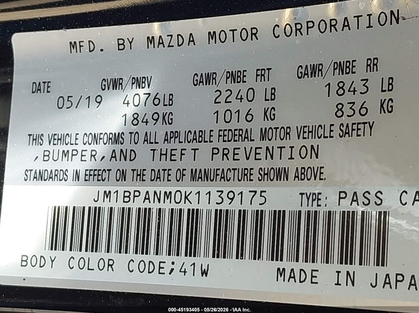 2019 Mazda 3 VIN JM1BPANM0K1139175 IAAI salvage auction — HAIL, Original (Texas), sold $6,375 on 2026-07-14 (photo 9)