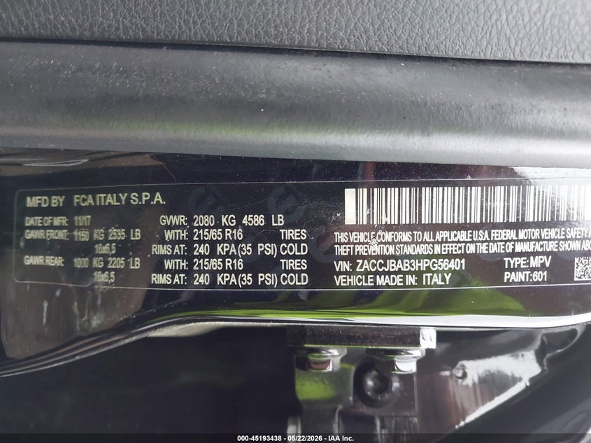 2017 Jeep Renegade VIN ZACCJBAB3HPG56401 IAAI salvage auction — ROLLOVER, Salvage (Ohio), sold $475 on 2026-07-09 (photo 9)