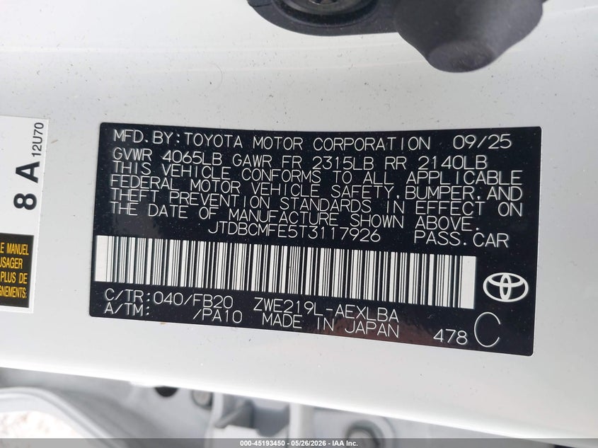 2026 Toyota Corolla VIN JTDBCMFE5T3117926 IAAI salvage auction — RIGHT FRONT, Clear (Florida), sold $9,200 on 2026-07-15 (photo 9)