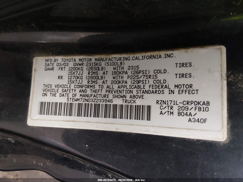 2003 Toyota Tacoma VIN 5TEWM72N03Z233946 IAAI salvage auction — RIGHT SIDE, Clear (Tennessee), sold $5,375 on 2026-07-07 (photo 9)