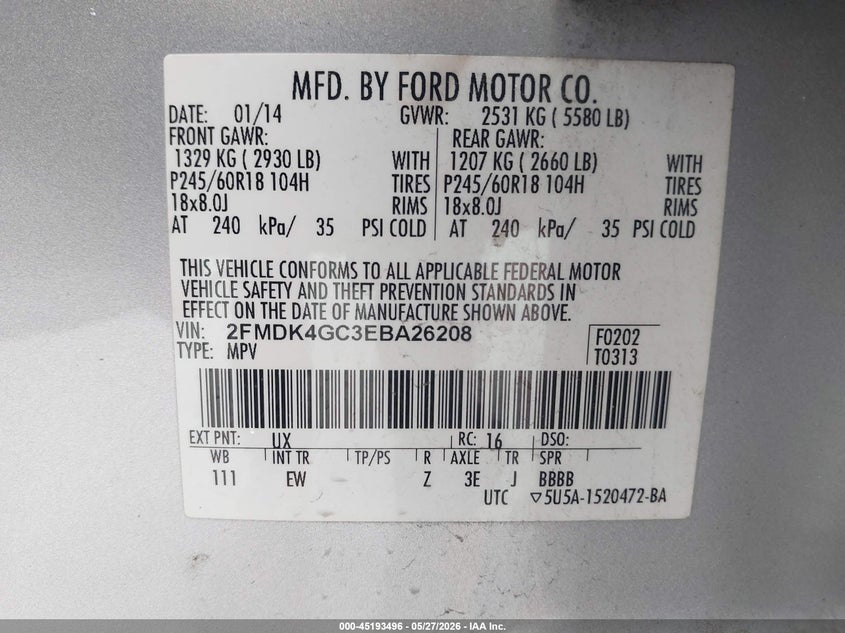 2014 Ford Edge VIN 2FMDK4GC3EBA26208 IAAI salvage auction — FRONT END, Salvage Title, sold $250 on 2026-07-22 (photo 9)