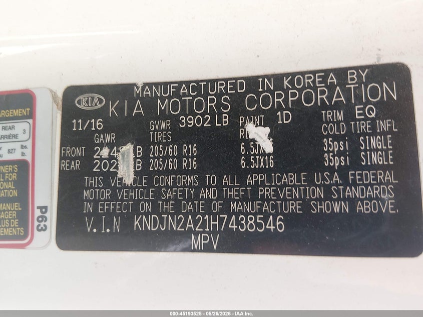 2017 Kia Soul VIN KNDJN2A21H7438546 IAAI salvage auction — NORMAL WEAR, Salvage (Nebraska), sold $550 on 2026-07-23 (photo 9)