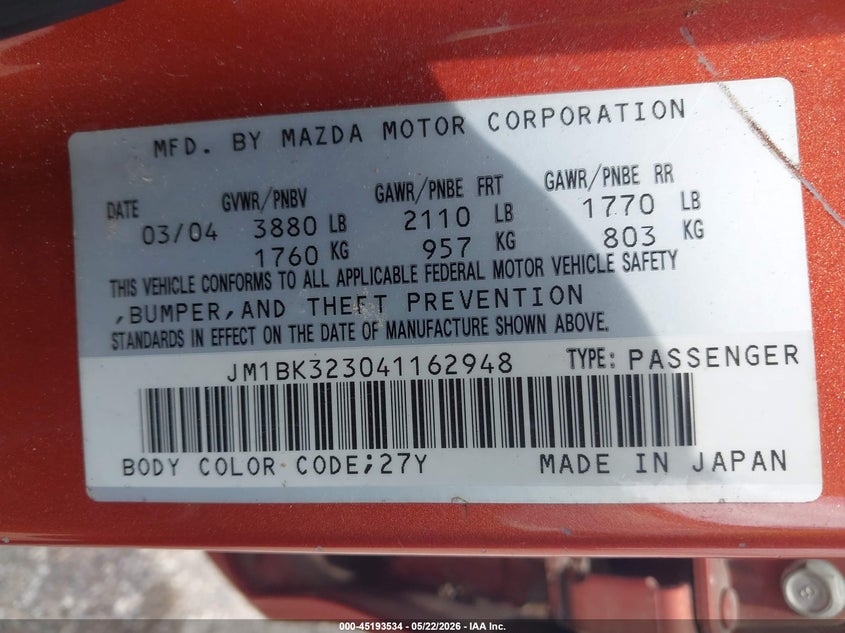 2004 Mazda 3 VIN JM1BK323041162948 IAAI salvage auction — RIGHT SIDE, Original (Texas), sold $200 on 2026-07-23 (photo 9)