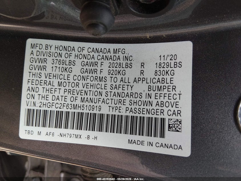 2021 Honda Civic VIN 2HGFC2F63MH510919 IAAI salvage auction — HAIL, Salvage Title, sold $7,300 on 2026-07-28 (photo 9)