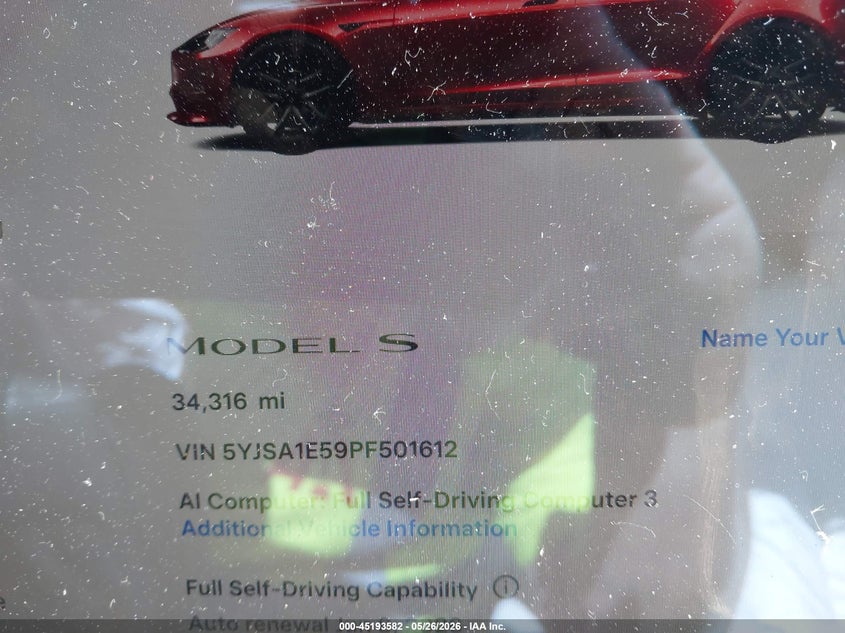 2023 Tesla Model s VIN 5YJSA1E59PF501612 IAAI salvage auction — FRONT & REAR, Rebuildable (Florida), sold $13,800 on 2026-07-30 (photo 7)
