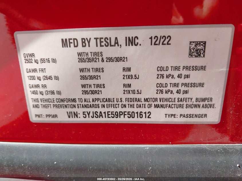 2023 Tesla Model s VIN 5YJSA1E59PF501612 IAAI salvage auction — FRONT & REAR, Rebuildable (Florida), sold $13,800 on 2026-07-30 (photo 9)