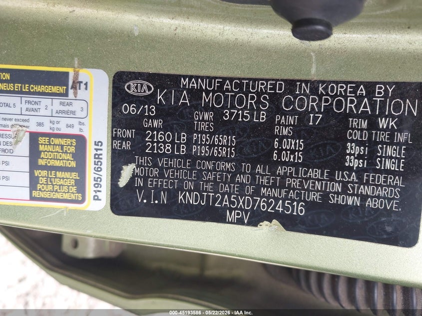 2013 Kia Soul VIN KNDJT2A5XD7624516 IAAI salvage auction — REAR END, Salvage (Georgia), sold $425 on 2026-07-15 (photo 9)