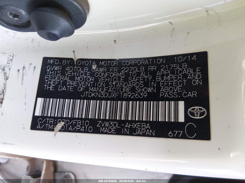 2015 Toyota Prius VIN JTDKN3DUXF1892639 IAAI salvage auction — NORMAL WEAR, Clear-Dealer Only (Arizona), sold $2,850 on 2026-07-09 (photo 9)