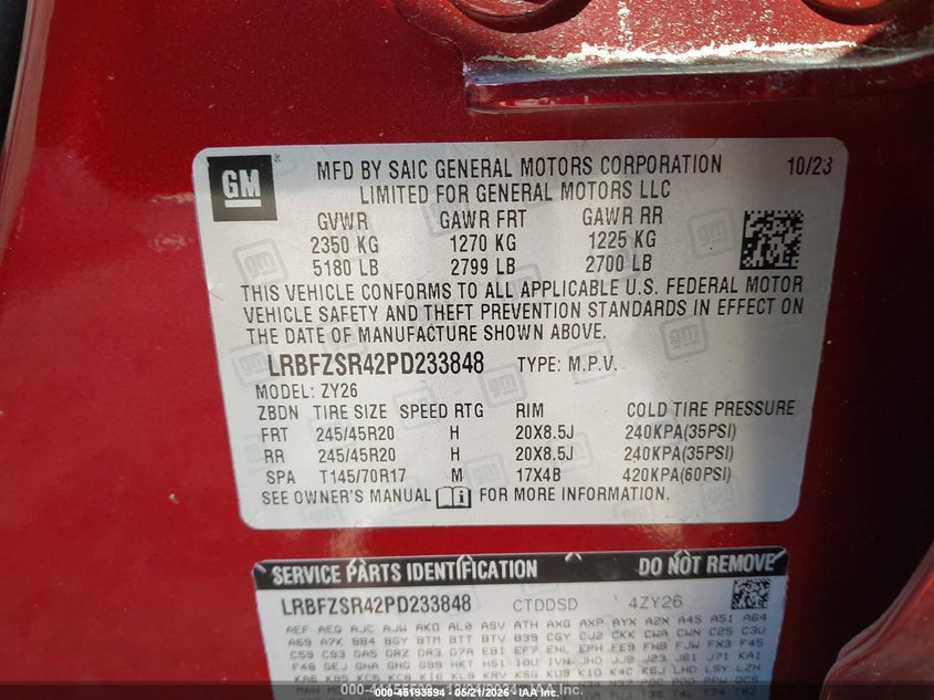 2023 Buick Envision VIN LRBFZSR42PD233848 IAAI salvage auction — FRONT END, Salvage (Idaho), sold $7,900 on 2026-07-27 (photo 9)