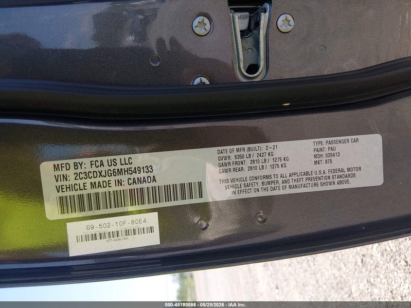 2021 Dodge Charger VIN 2C3CDXJG6MH549133 IAAI salvage auction — FRONT END, Sf97 (Maryland), sold $25 on 2026-07-21 (photo 9)