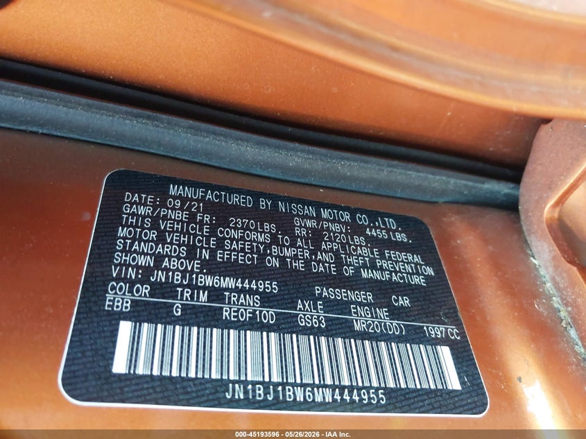 2021 Nissan Rogue VIN JN1BJ1BW6MW444955 IAAI salvage auction — FRONT END, Mv-907A (New York), sold $3,900 on 2026-07-21 (photo 9)