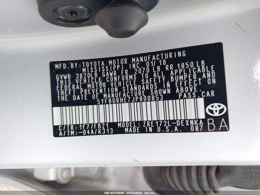 2018 Toyota Corolla VIN 5YFBURHE7JP800853 IAAI salvage auction — FRONT & REAR, Salvage (Illinois), sold $1,400 on 2026-07-15 (photo 9)