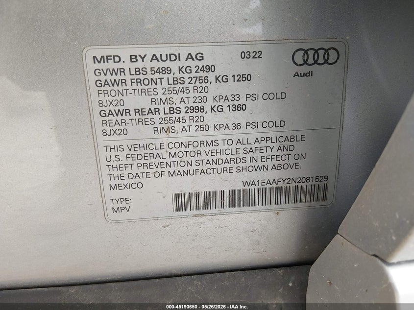 2022 Audi Q5 VIN WA1EAAFY2N2081529 IAAI salvage auction — HAIL, Clear (Missouri), sold $14,550 on 2026-07-20 (photo 9)