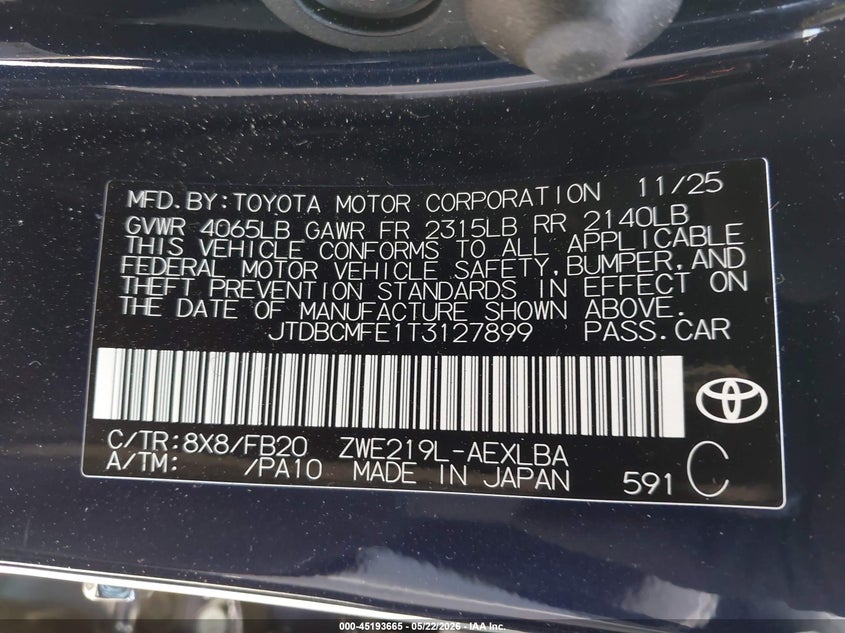 2026 Toyota VIN JTDBCMFE1T3127899 IAAI salvage auction — FRONT END, Salvage (California), sold $4,375 on 2026-07-20 (photo 9)