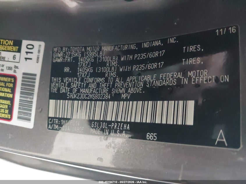 2017 Toyota Sienna VIN 5TDKZ3DC2HS802384 IAAI salvage auction — ALL OVER, Salvage (Georgia), sold $1,750 on 2026-07-14 (photo 9)