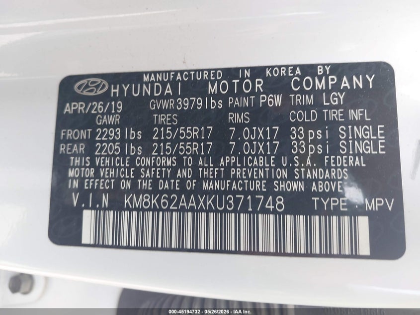 2019 Hyundai Kona VIN KM8K62AAXKU371748 IAAI salvage auction — HAIL, Clear (Missouri), sold $5,500 on 2026-07-13 (photo 9)