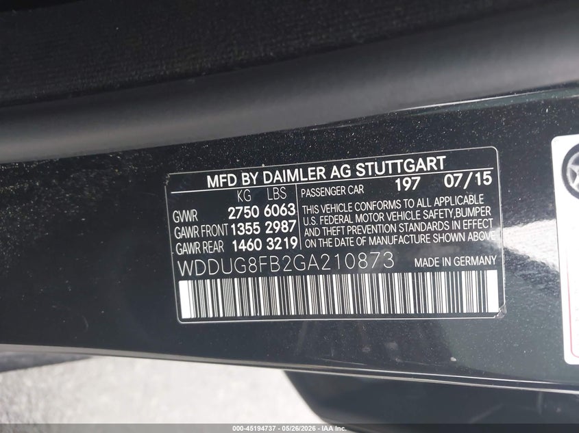 2016 Mercedes-benz S class VIN WDDUG8FB2GA210873 IAAI salvage auction — FRONT END, Salvage (Idaho), sold $6,150 on 2026-07-13 (photo 9)