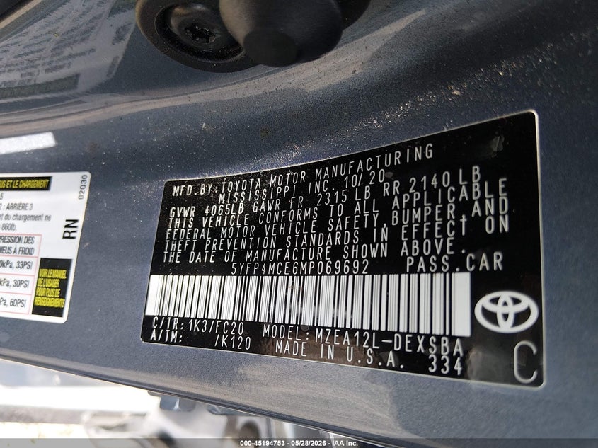 2021 Toyota Corolla VIN 5YFP4MCE6MP069692 IAAI salvage auction — FRONT END, Salvage Title, sold $4,700 on 2026-07-13 (photo 9)