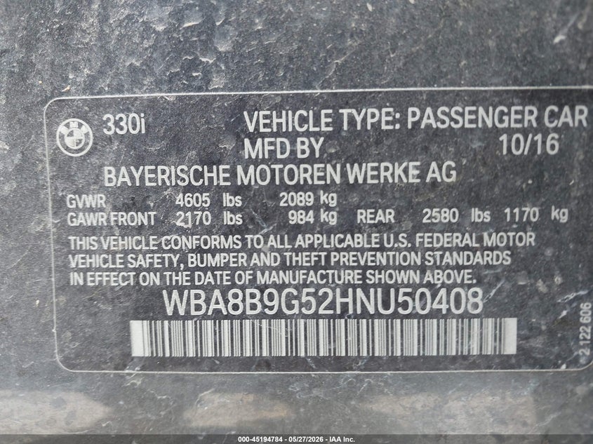 2017 BMW 3er VIN WBA8B9G52HNU50408 IAAI salvage auction — LEFT SIDE, Salvage Title, sold $25 on 2026-07-28 (photo 9)