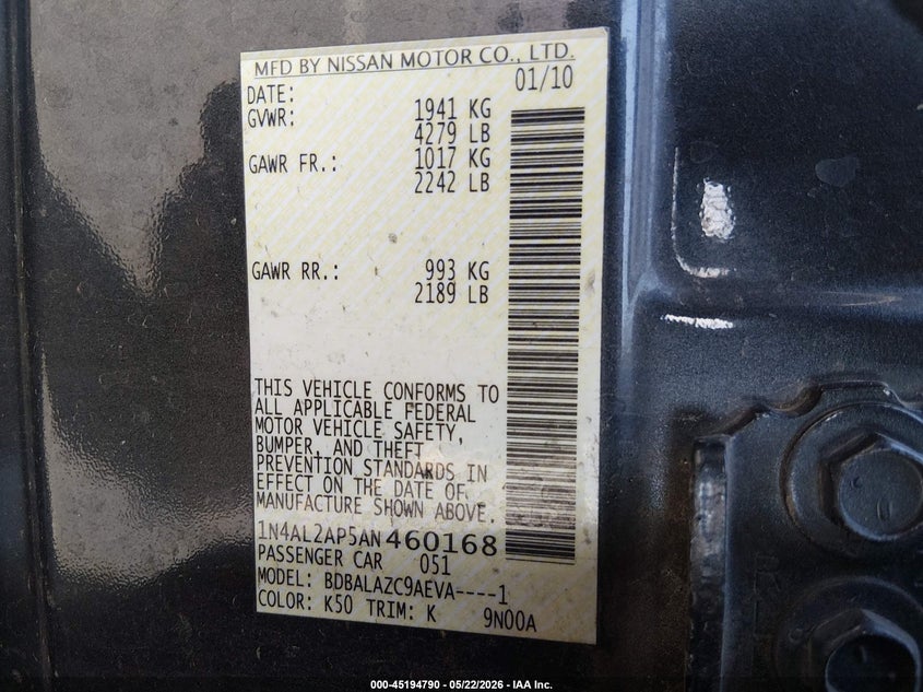 2010 Nissan Altima VIN 1N4AL2AP5AN460168 IAAI salvage auction — NORMAL WEAR, Regular (Nevada), sold $100 on 2026-07-24 (photo 9)