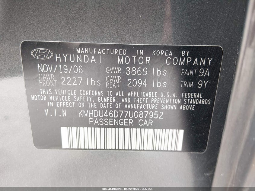 2007 Hyundai Elantra VIN KMHDU46D77U087952 IAAI salvage auction — FRONT END, Salvage (Illinois), sold $300 on 2026-07-08 (photo 9)