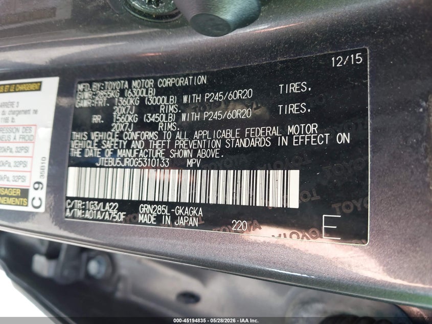 2016 Toyota 4runner VIN JTEBU5JR0G5310133 IAAI salvage auction — RIGHT FRONT, Salvage Title, sold $18,700 on 2026-07-07 (photo 9)