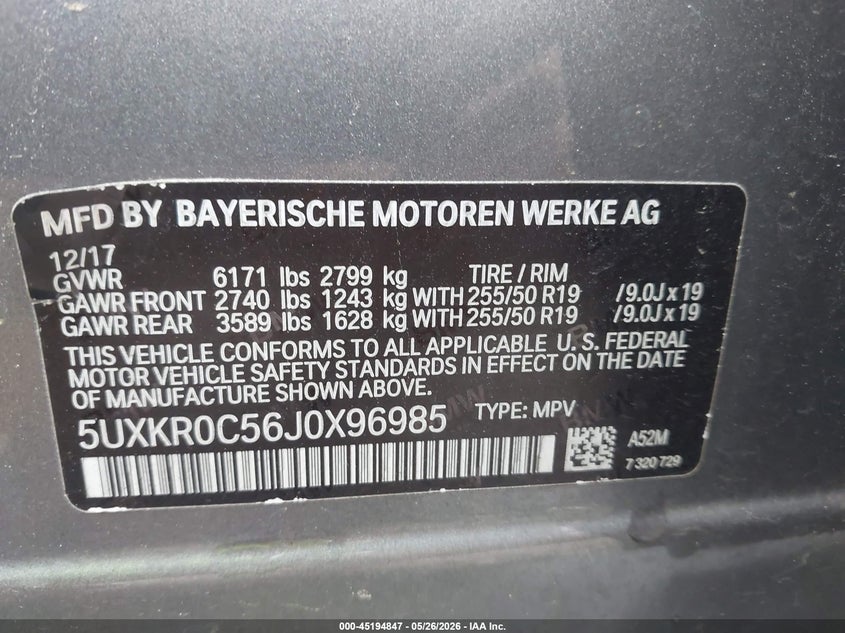 2018 BMW X5 VIN 5UXKR0C56J0X96985 IAAI salvage auction — FRONT END, Salvage Title, sold $7,300 on 2026-07-22 (photo 9)
