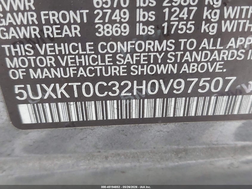 2017 BMW X5 VIN 5UXKT0C32H0V97507 IAAI salvage auction — ENGINE DAMAGE, Clear (Virginia), sold $4,000 on 2026-07-20 (photo 9)