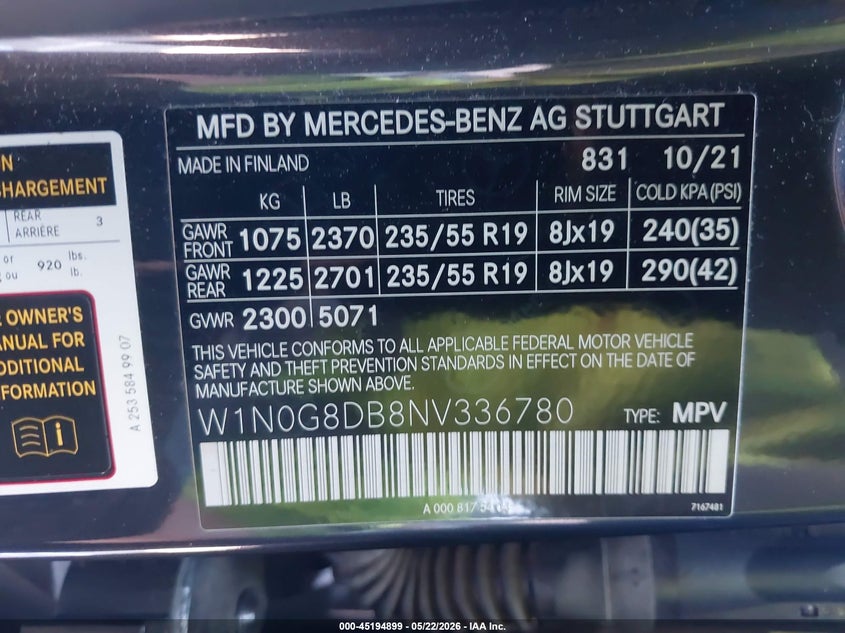 2022 Mercedes-benz Glc VIN W1N0G8DB8NV336780 IAAI salvage auction — FRONT END, Salvage (California), sold $5,500 on 2026-07-21 (photo 9)