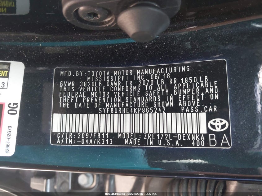 2019 Toyota Corolla VIN 5YFBURHE4KP865242 IAAI salvage auction — FRONT END, Salvage Title, sold $750 on 2026-07-13 (photo 9)