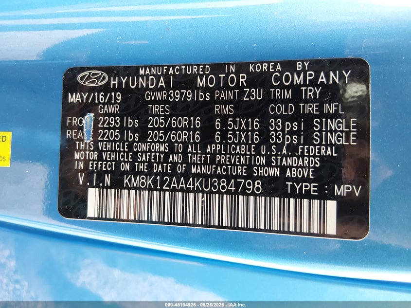 2019 Hyundai Kona VIN KM8K12AA4KU384798 IAAI salvage auction — FRONT END, Salvage (South Carolina), sold $1,900 on 2026-07-15 (photo 9)
