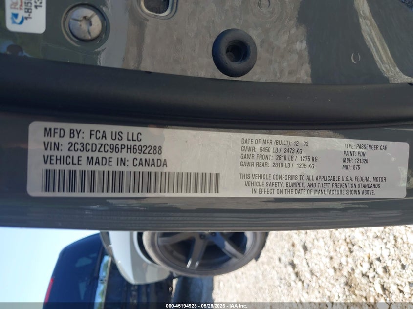 2023 Dodge Challenger VIN 2C3CDZC96PH692288 IAAI salvage auction — FRONT END, Salvage Title, sold $26,500 on 2026-07-19 (photo 9)