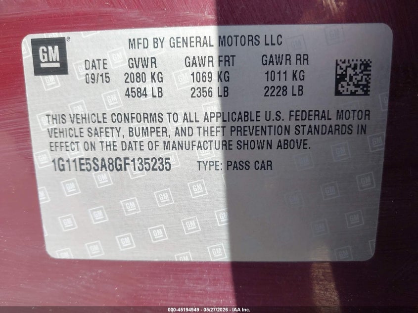2016 Chevrolet Malibu VIN 1G11E5SA8GF135235 IAAI salvage auction — FRONT END, Salvage Title, sold $1,050 on 2026-07-28 (photo 9)
