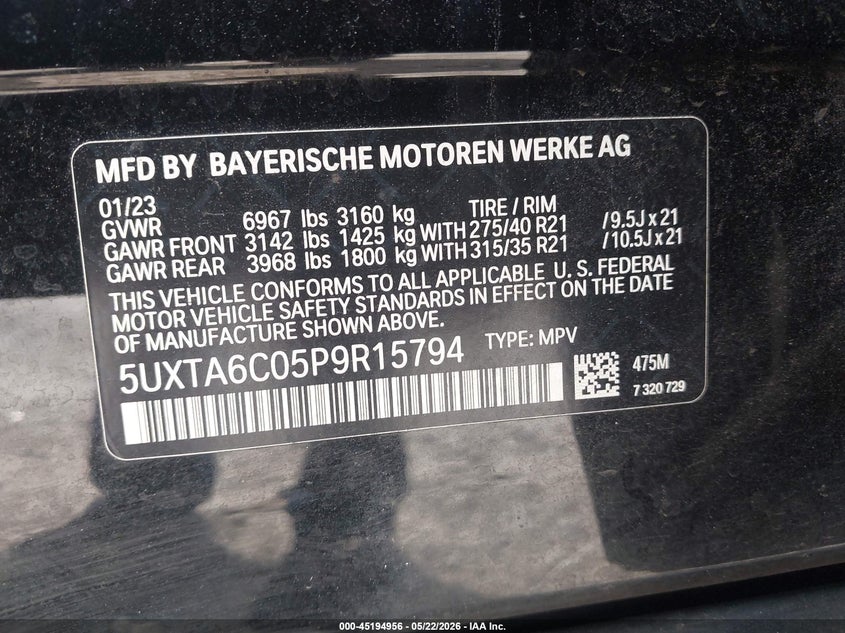 2023 BMW X5 VIN 5UXTA6C05P9R15794 IAAI salvage auction — RIGHT SIDE, Salvage (Georgia), sold $23,500 on 2026-07-24 (photo 9)