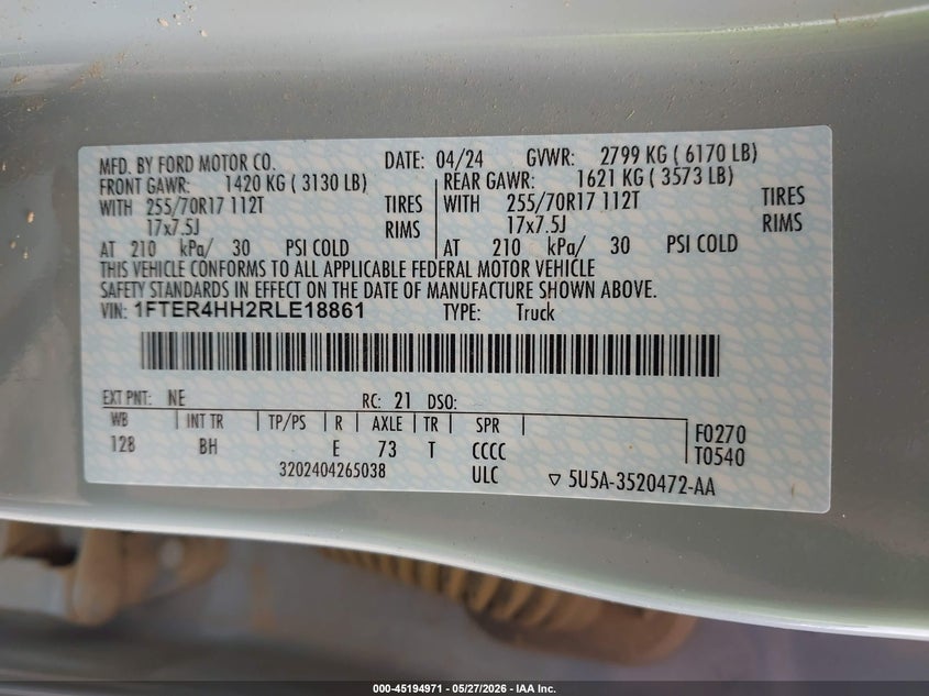 2024 Ford Ranger VIN 1FTER4HH2RLE18861 IAAI salvage auction — FRONT END, Salvage Title, sold $13,300 on 2026-07-30 (photo 9)